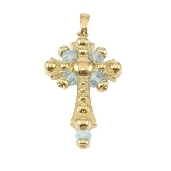 14K Yellow Gold Italy Blue Topaz Bead Ball Cross Pendant